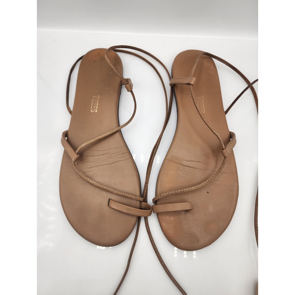 TKEES Jo Leather Lace Up Sandals Tan Brown Toe Loop Flat Ankle Tie Size 10 41